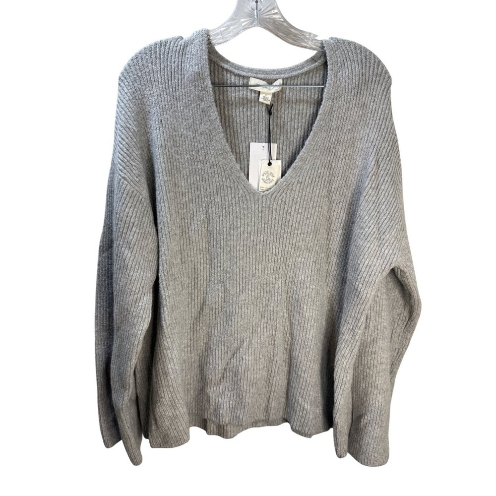 Treasure & Bond Womens Grey Ribbed Knit V-Neck Sweater Size L‎